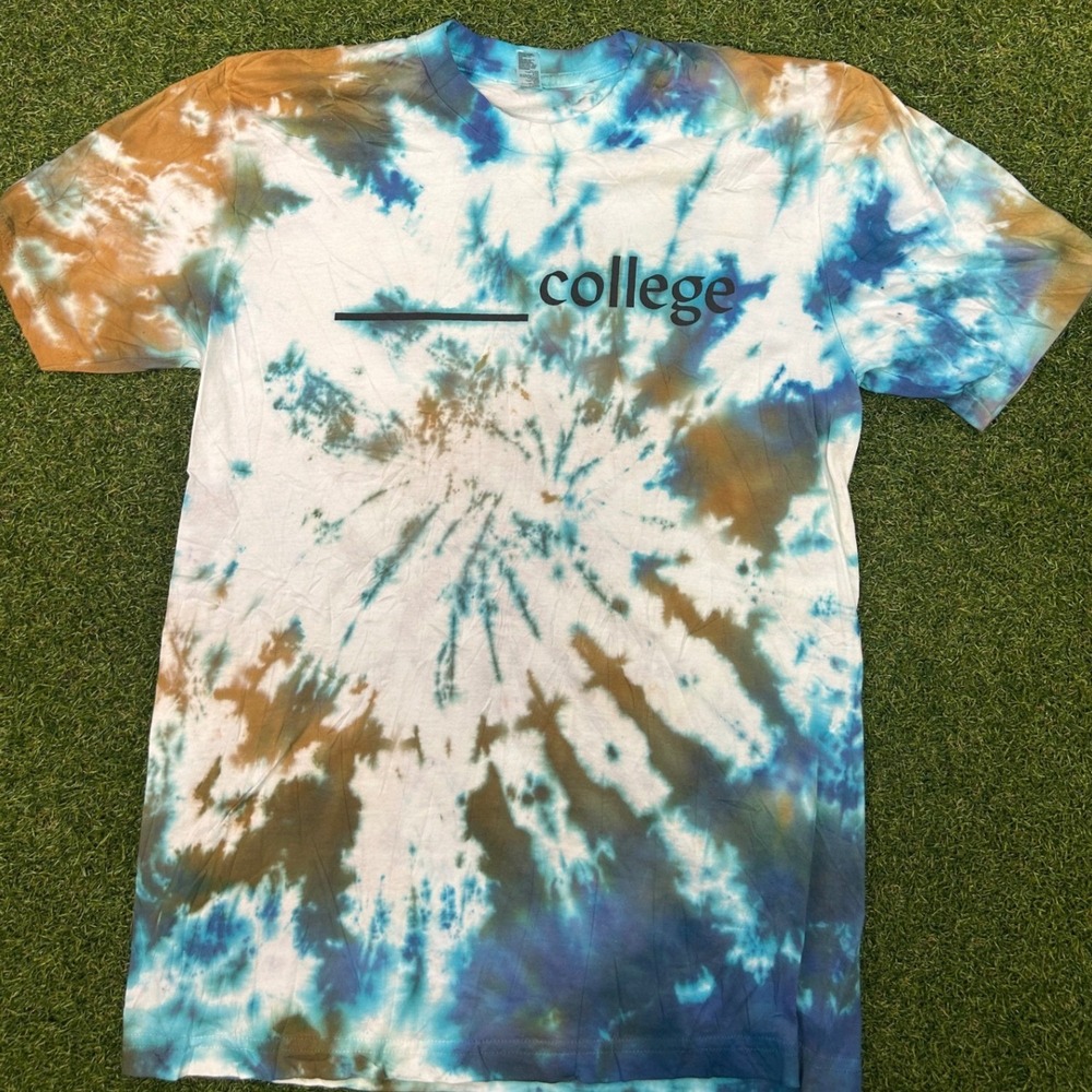 American Apparel College Tie Dye T-Shirt Mens Medium Blue Brown Graphic Tee